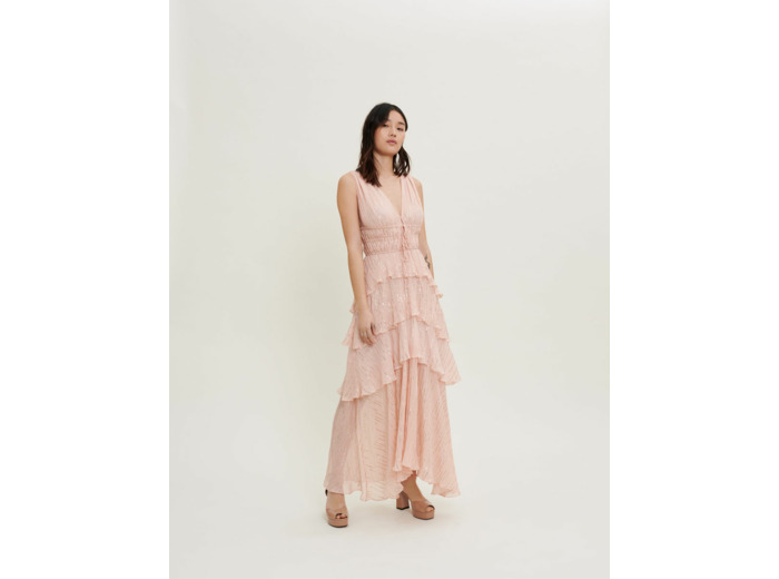 Robe en soie et lamée à volants