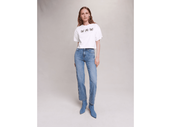 T-shirt court à papillons et strass