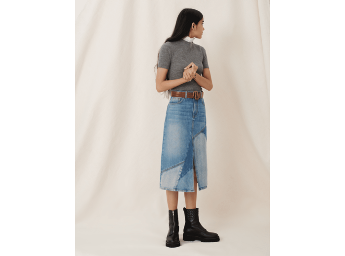 Jupe midi en jean à patchs et fendue