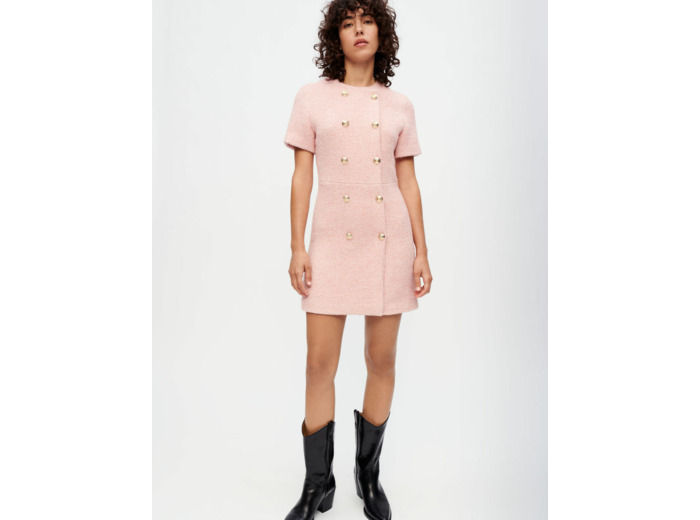 Robe en tweed chiné rose et écru