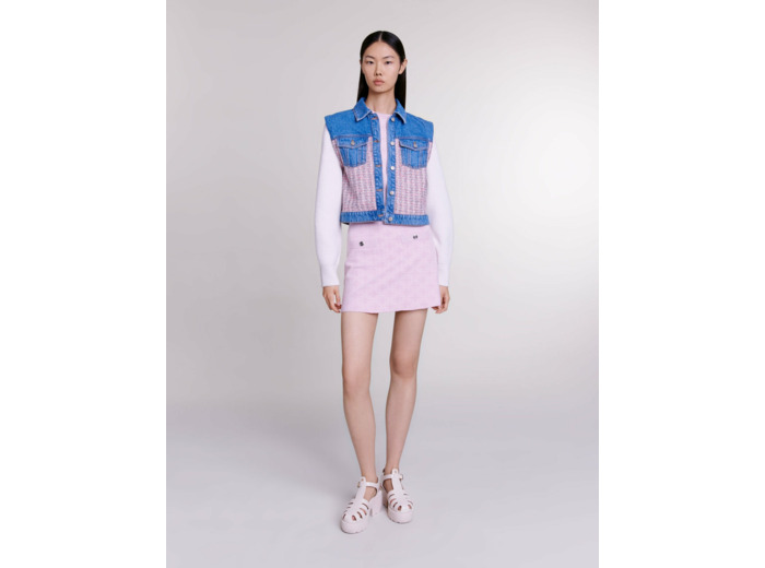 Blouson court en denim et tweed