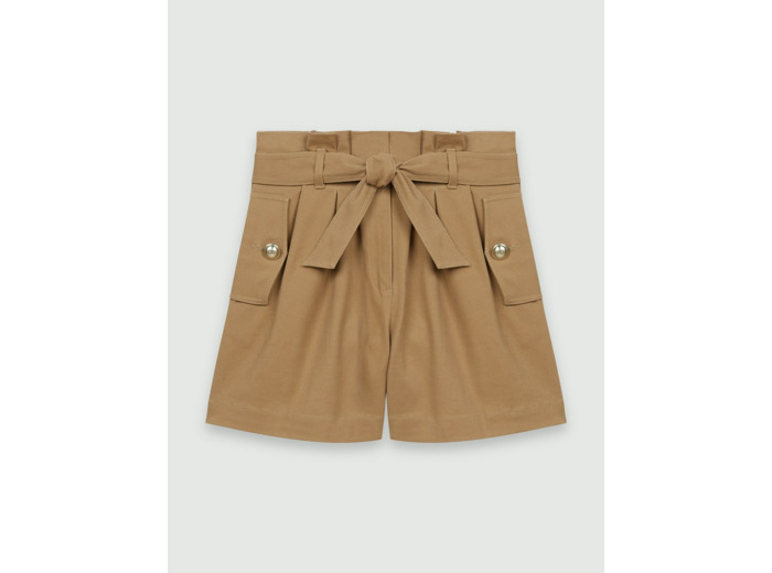 Short en toile de coton camel ceinturé
