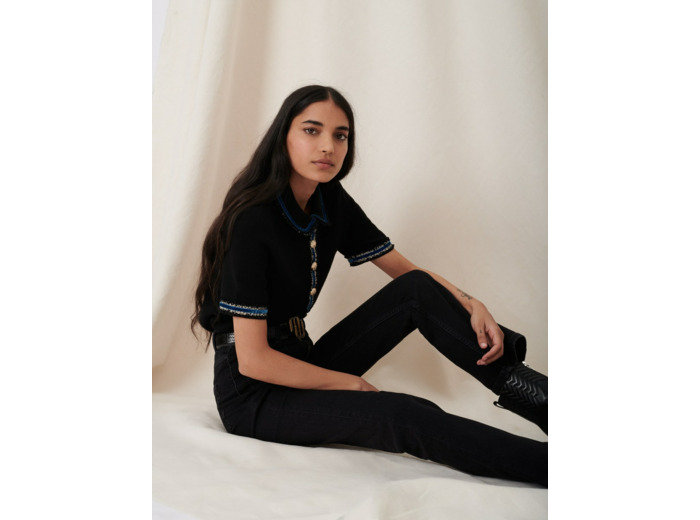 Polo en maille bloquée à détails velours
