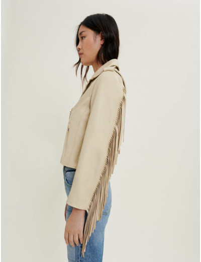 Blouson façon biker en cuir à franges