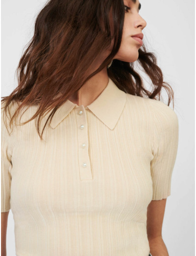 Pull façon polo à côtes boutons perles