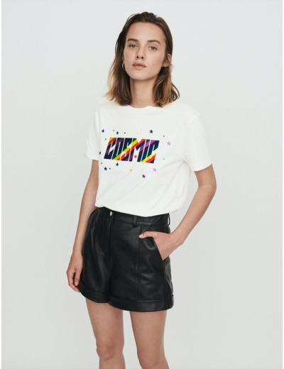 Short en cuir avec revers et surpiqûres