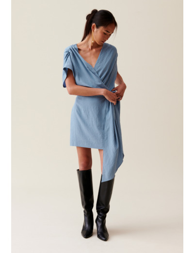Robe courte cache-cœur rayures bleu