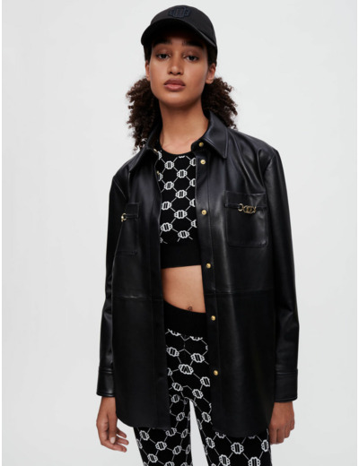 Chemise en cuir noir à mors dorés