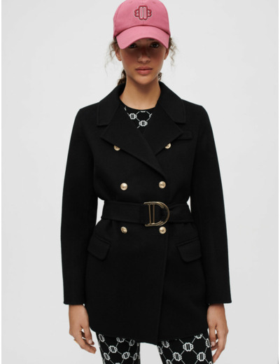 Manteau en double face noir à ceinture