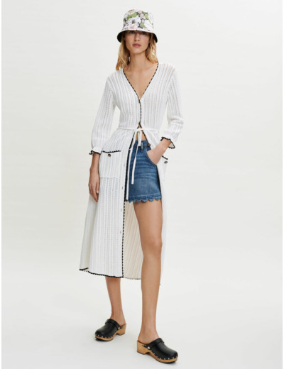 Cardigan long ajouré et contrasté