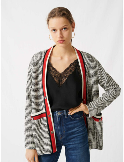 Cardigan effet tweed à bandes colorées