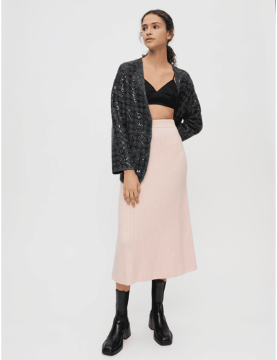 Jupe midi en maille stretch à côtes