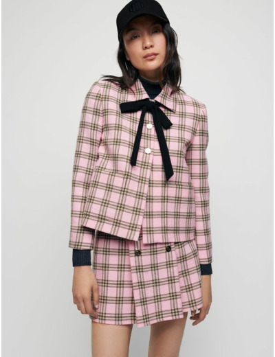 Veste à carreaux à lavallière contrastée
