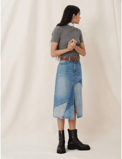 Jupe midi en jean à patchs et fendue