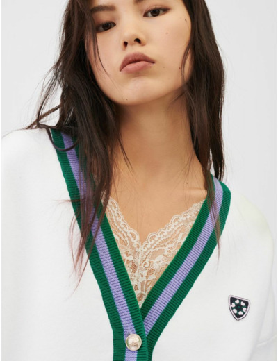 Cardigan blanc maille à bandes colorées