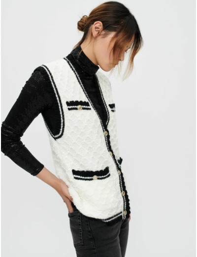 Cardigan sans manche tressé et contrasté