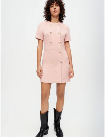 Robe en tweed chiné rose et écru
