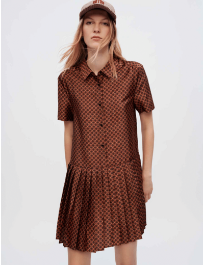 Robe chemise en satin plissé et imprimé