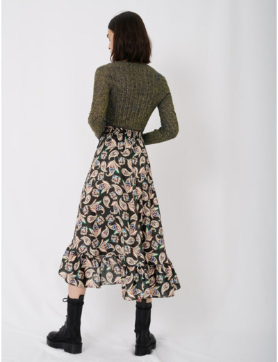Jupe midi en satin imprimé à volants