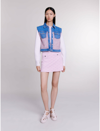 Blouson court en denim et tweed