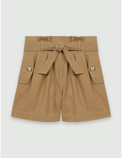 Short en toile de coton camel ceinturé