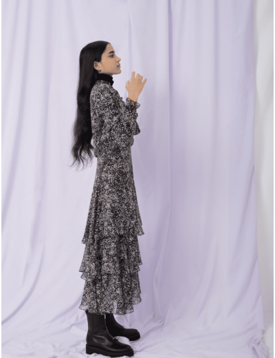 Robe en soie lurex imprimée à volants