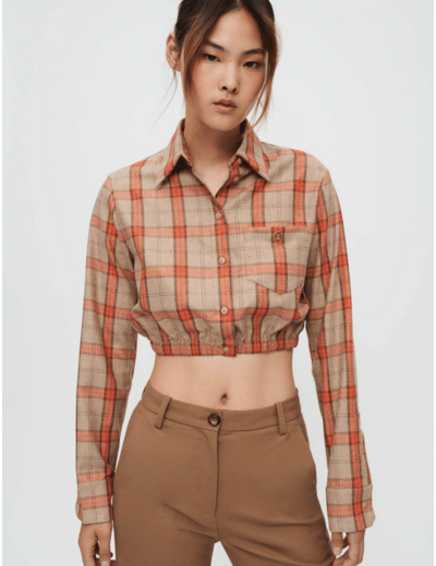 Chemise crop à carreaux camel et orange