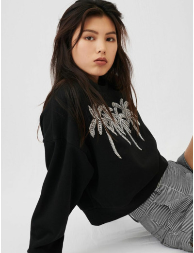 Sweat-shirt noir à strass palmier