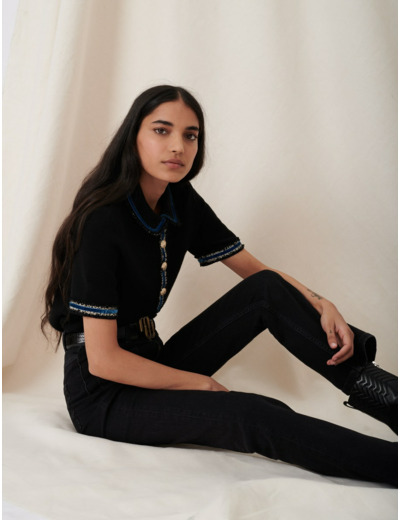 Polo en maille bloquée à détails velours