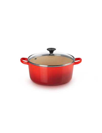 Cocotte ronde 22cm en fonte émaillée cerise avec couvercle en verre