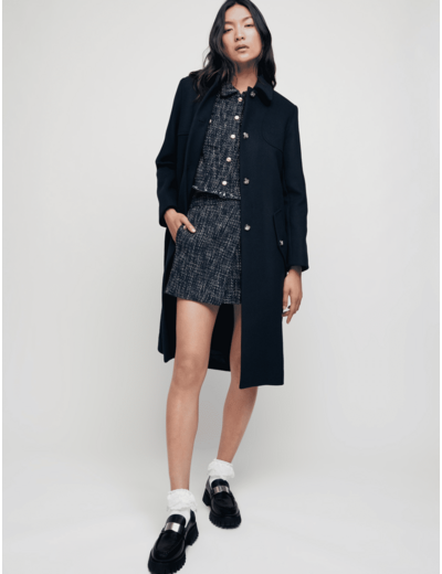 Manteau long ceinturé en drap de laine