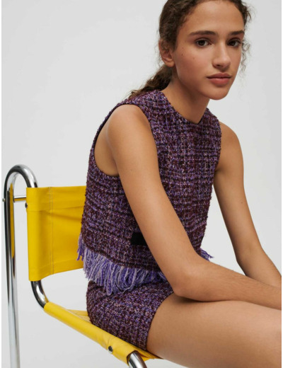 Top en tweed violet frangé sans manche