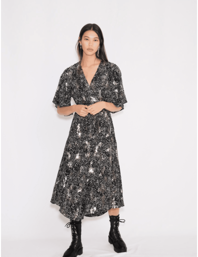 Robe longue imprimée brodée de sequins