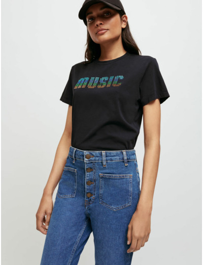 Tee-shirt en jersey noir à strass MUSIC